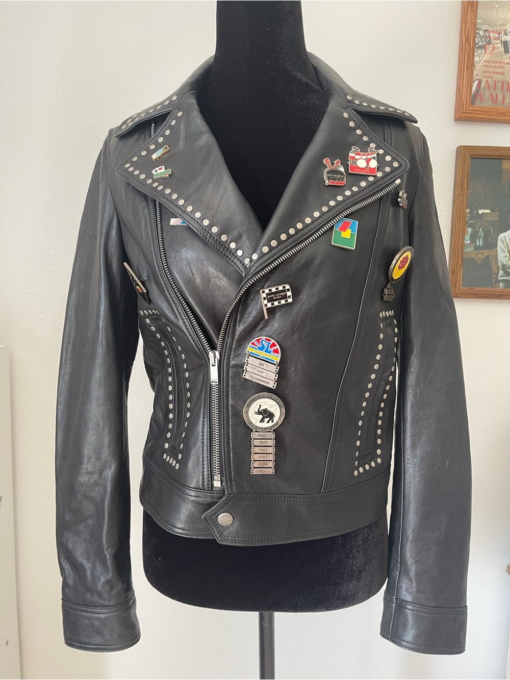 SAINT LAURENT Black Leather Biker Jacket with Pins